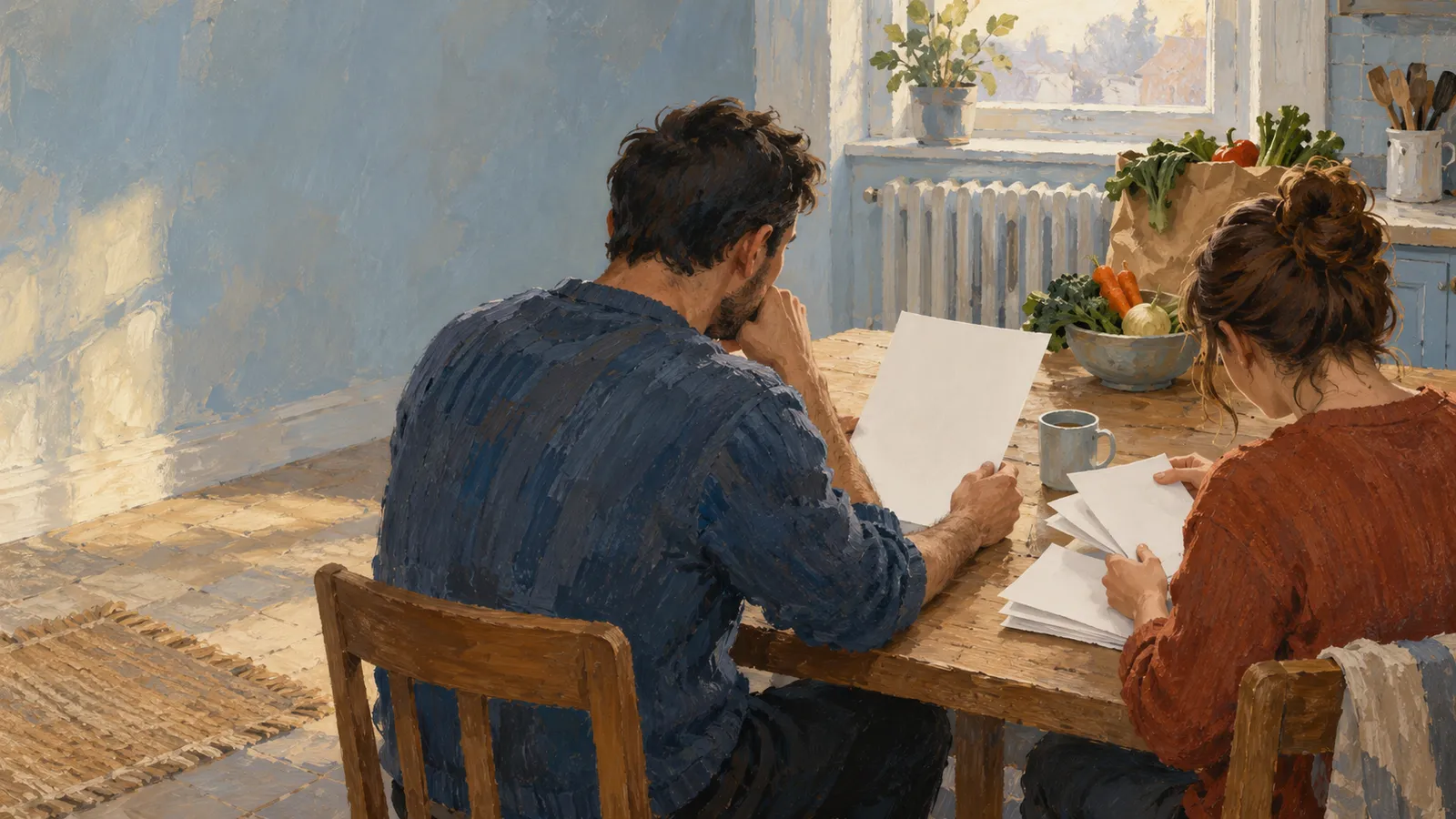 A painterly illustration of two people looking at blank sheets at a wooden kitchen table, with a mug and vegetables nearby. SI illustration