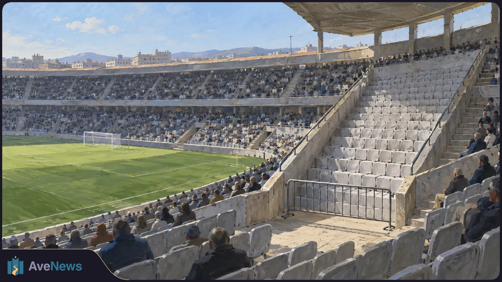 Illustration of a football stadium with a green pitch, crowded stands and a large empty section of seats behind a barrier. SI illustration