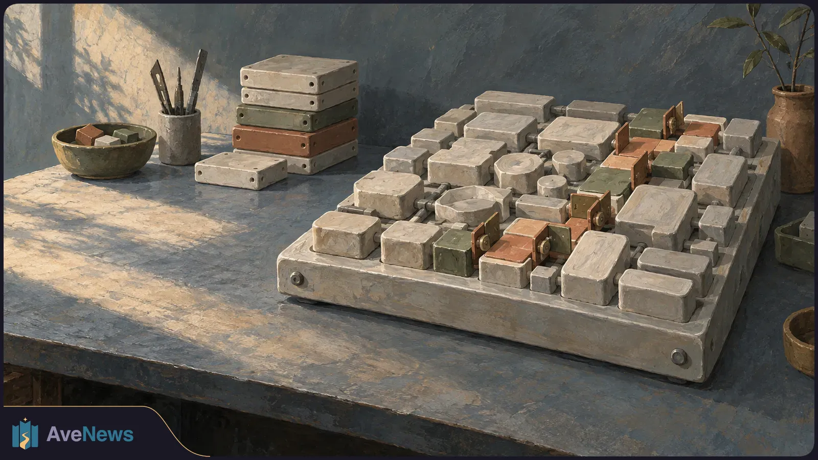 Painted illustration of a large grid of connected blocks and switches on a workbench, with stacked components, tools and bowls nearby. SI illustration
