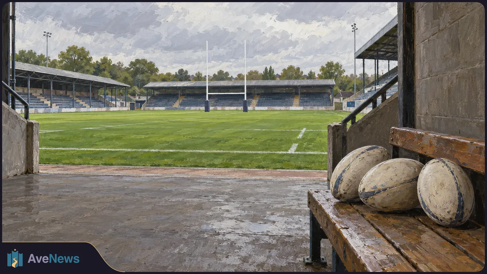 Three worn rugby balls rest on a wooden bench beside an empty rugby pitch with goalposts and covered stands, seen from a tunnel under a cloudy sky. SI illustration