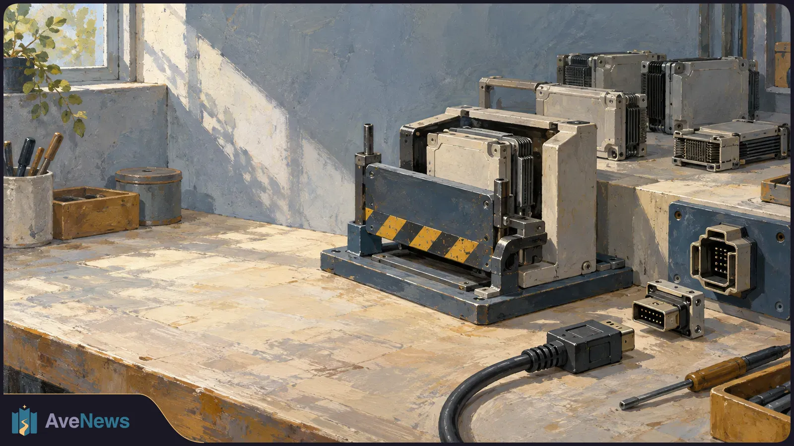 Painted workshop scene with boxy electronic modules on a workbench, a central unit with yellow-and-black stripes, and an unplugged cable and connectors in front. SI illustration