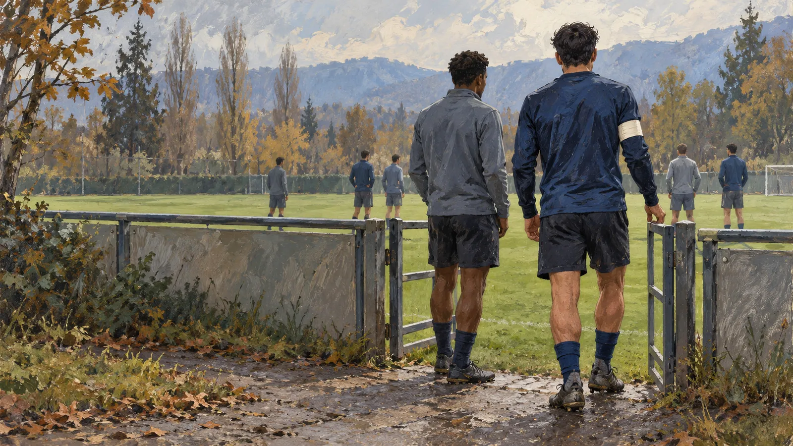 Two footballers seen from behind enter a grassy pitch where others stand, with autumn trees and mountains in the distance. SI illustration