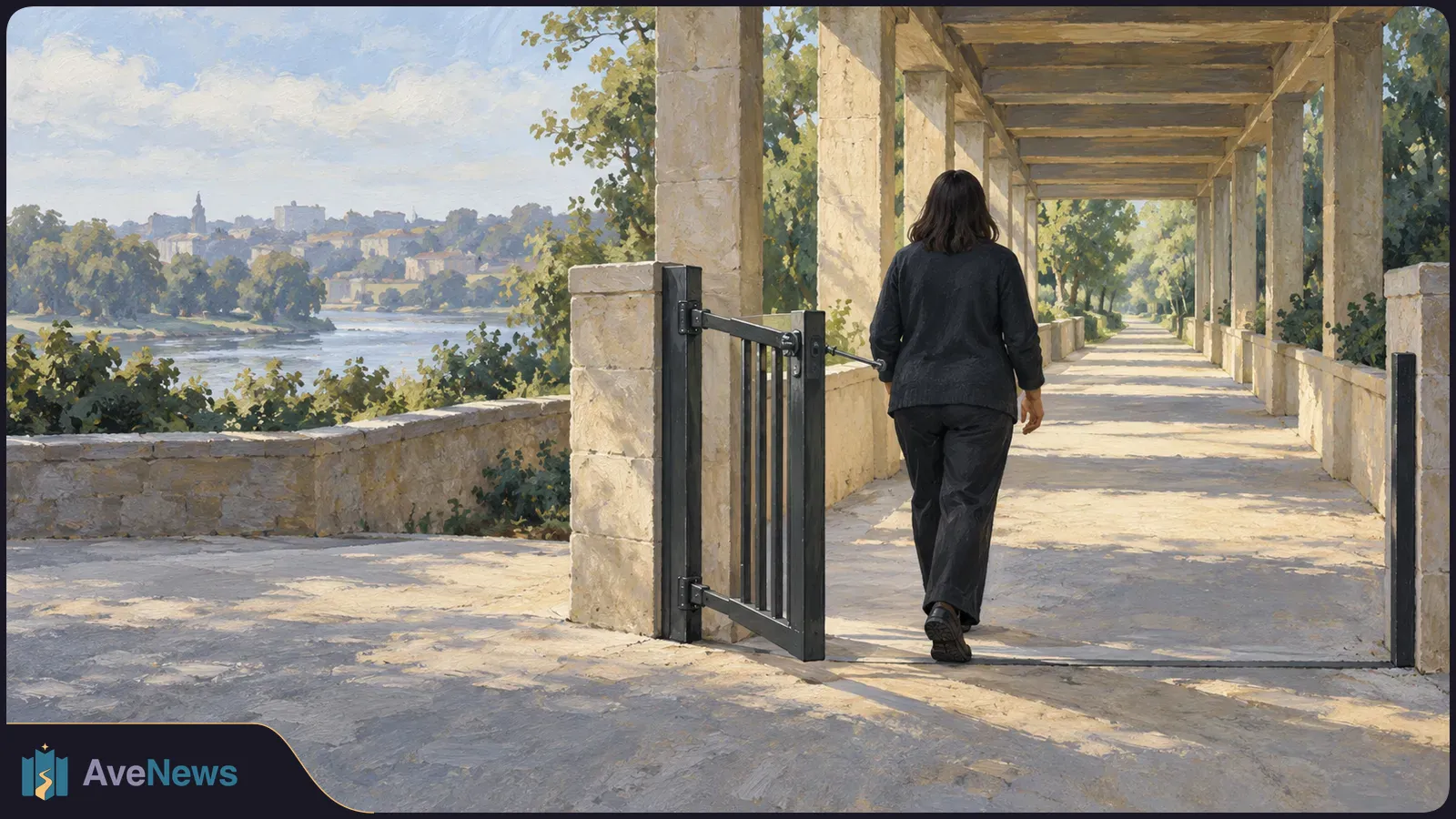 Painting of a person in dark clothing walking through an open gate along a sunlit stone colonnade, with trees, water and buildings in the distance. SI illustration