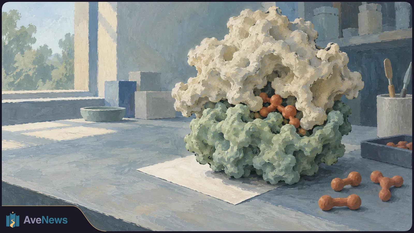 Painterly illustration of a large porous cream-and-green molecular structure on a lab bench, with small orange molecular models lodged inside and scattered nearby. SI illustration
