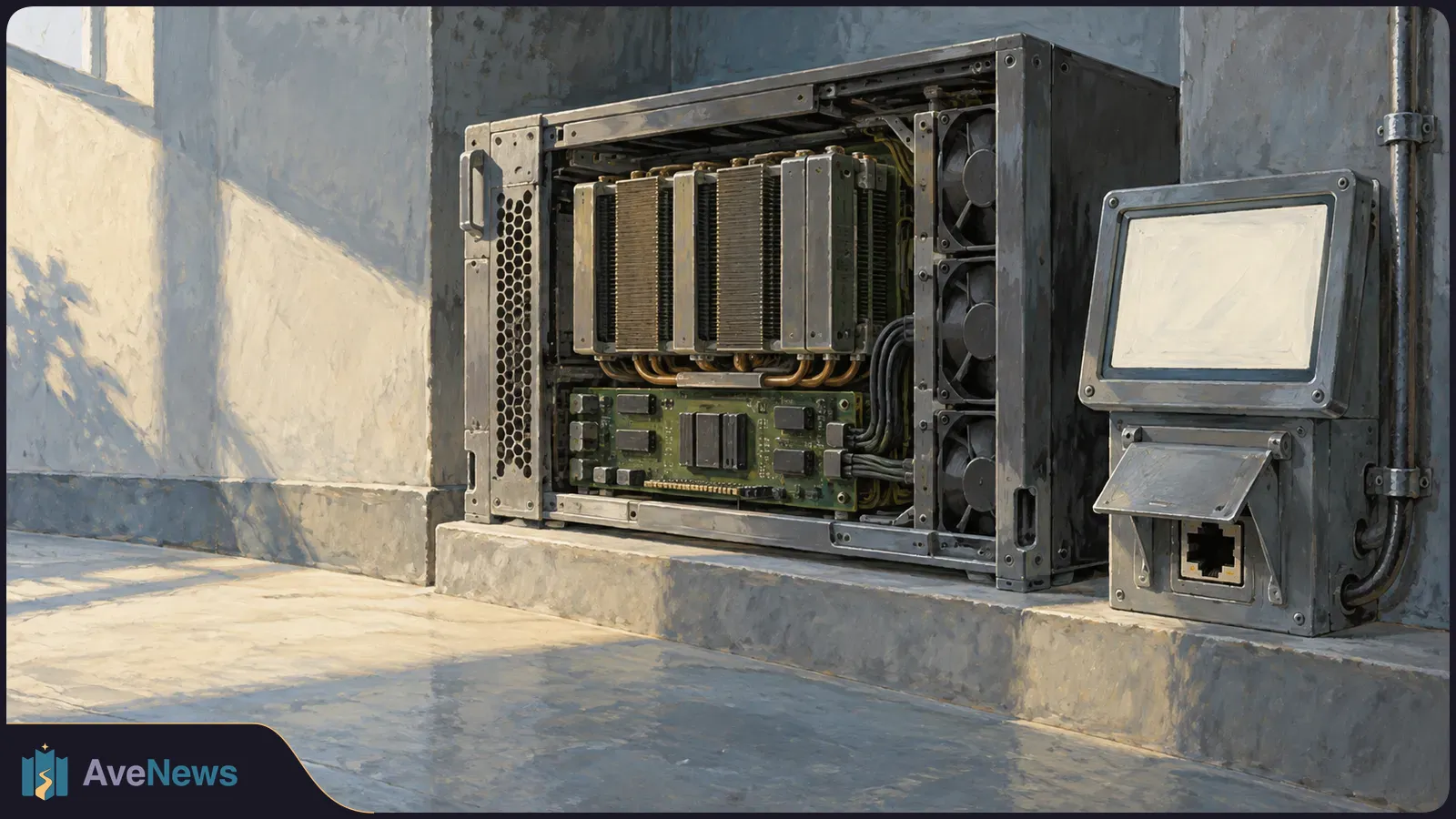 Painted illustration of an open server with heatsinks, a circuit board and fans beside a blank screen and network socket against a concrete wall. SI illustration