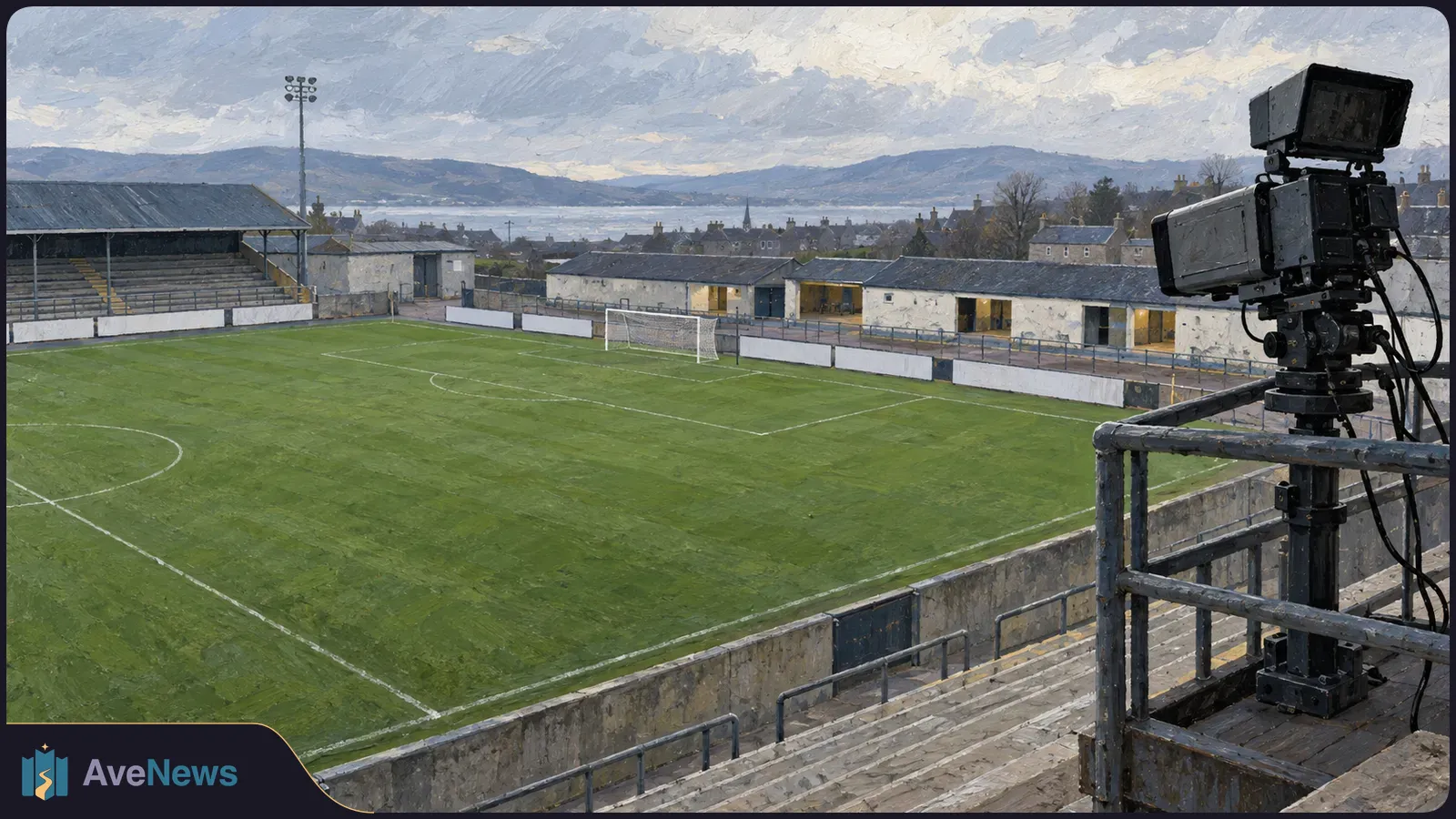 A painted view of an empty football pitch and stands, with a broadcast camera in the foreground and hills beyond. SI illustration