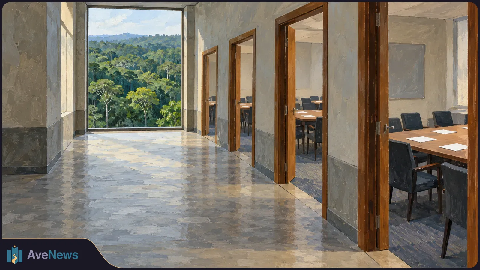 Painted corridor with open doors to empty meeting rooms; tables and chairs sit beside a large window overlooking a forest. SI illustration