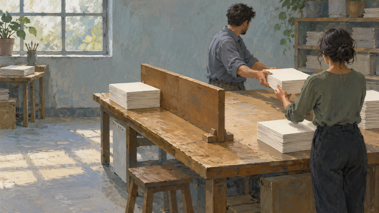 A painting of two people handling a stack of white sheets across a wooden worktable, with more stacks, shelves and a sunlit window around them. SI illustration