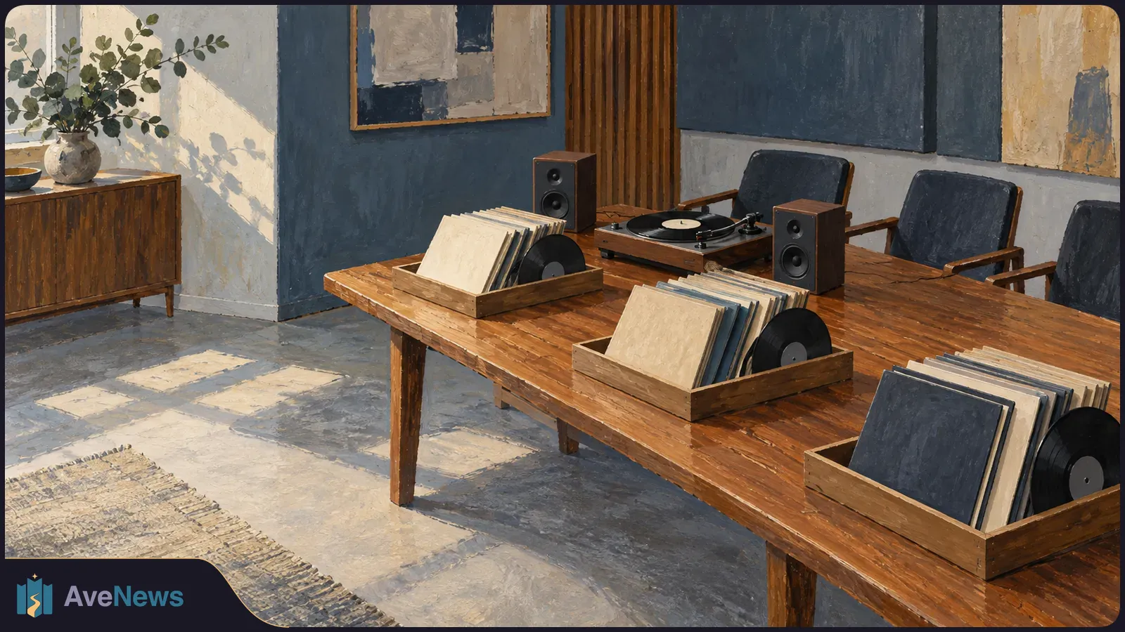 Painted room with crates of vinyl records on a wooden table beside a turntable and two speakers; dark chairs line the wall. SI illustration