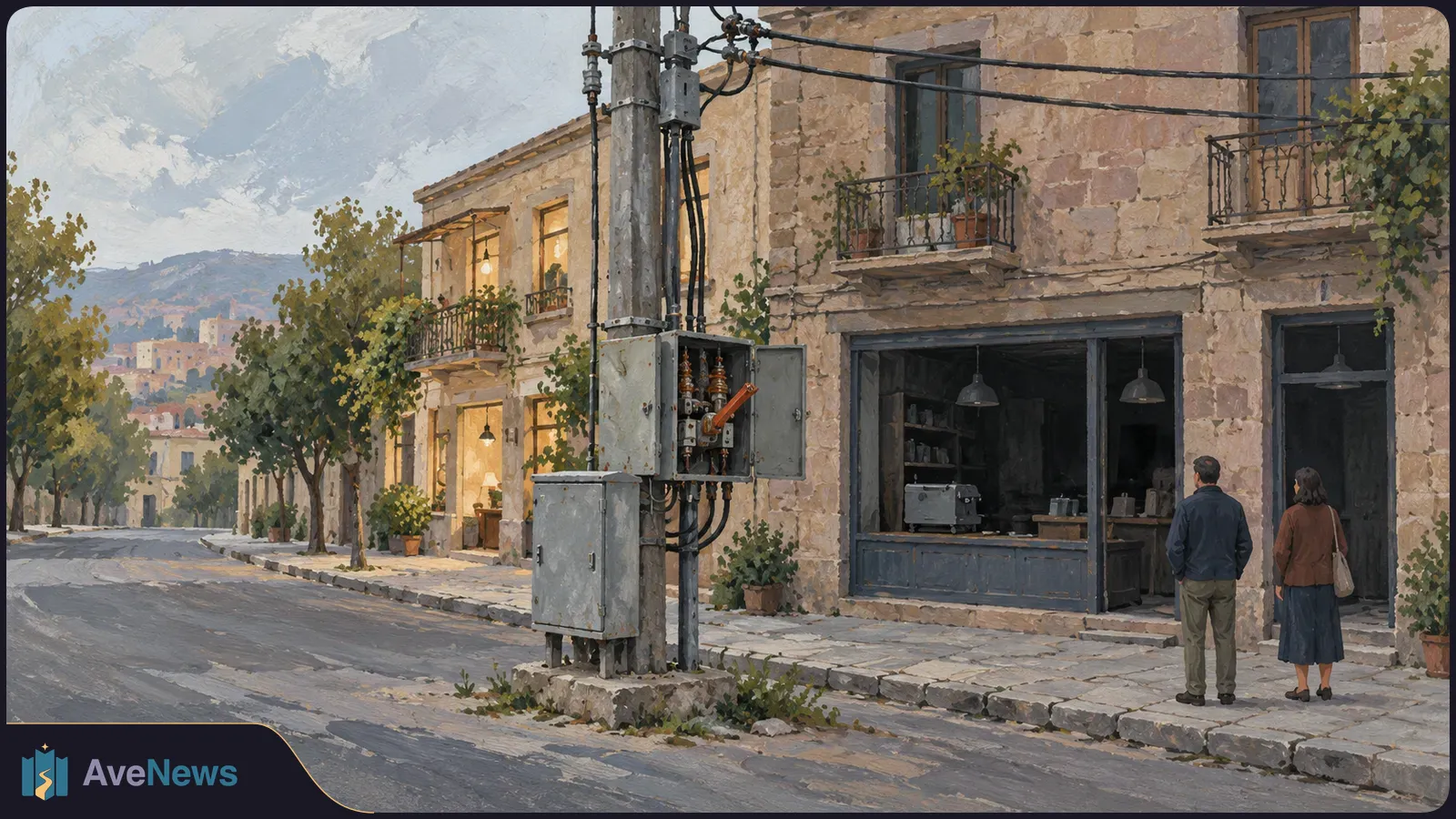 Painted street scene with a utility pole and open electrical cabinet beside stone buildings; two people stand on the sidewalk near a storefront. SI illustration