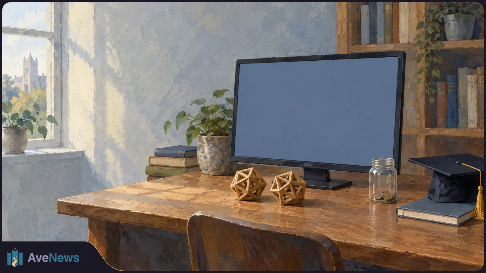 Painted study desk with a blank monitor, two wooden geometric solids, a coin jar, and a graduation cap on a book. Shelves and a sunlit window are behind. SI illustration