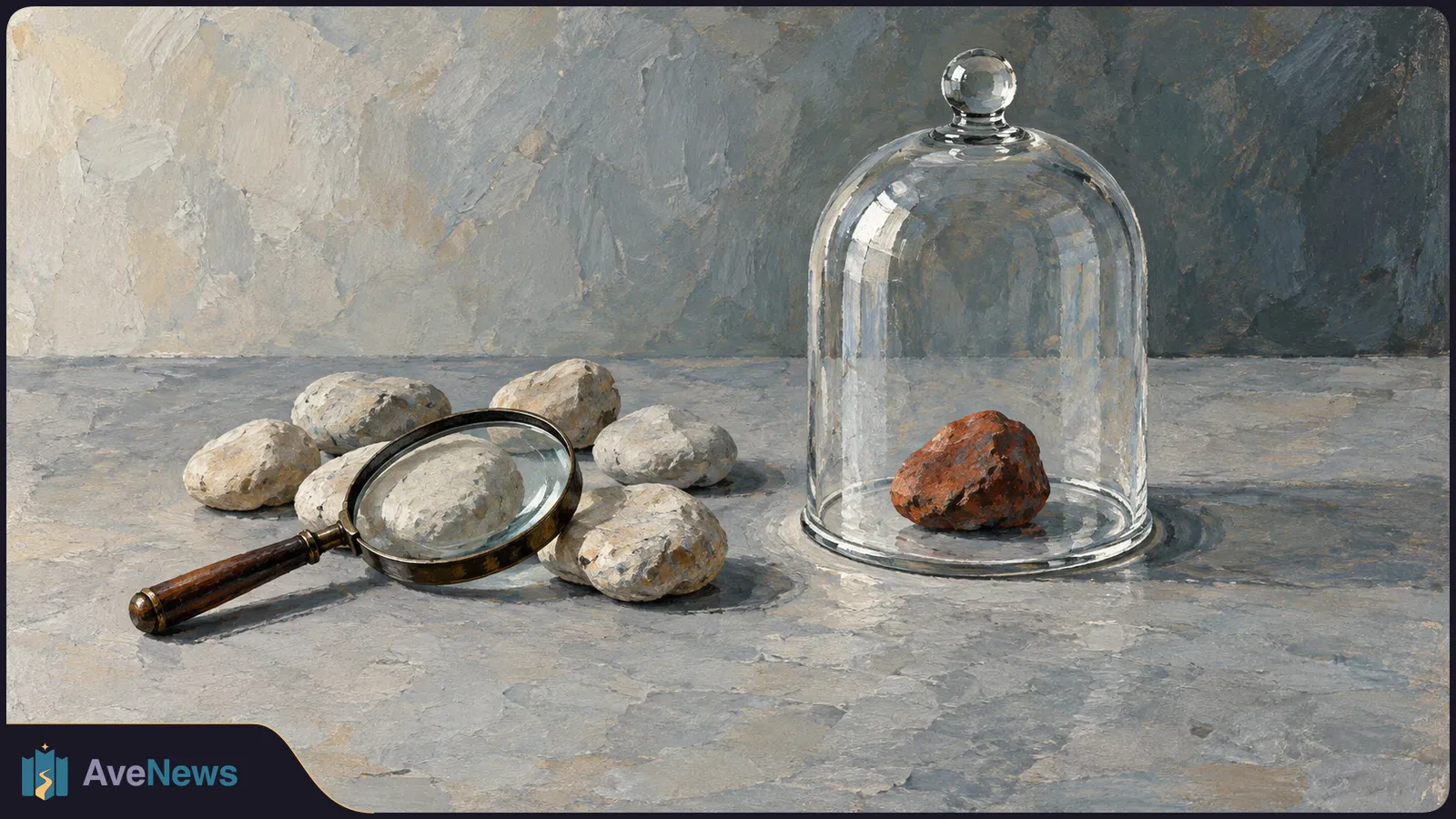 Painterly still life of pale stones and a magnifying glass beside a reddish stone under a clear glass dome. SI illustration