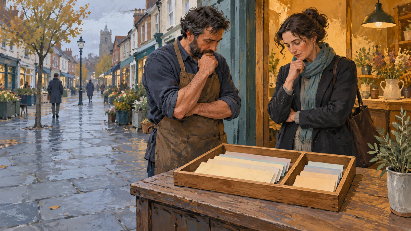 A painted scene of a man in an apron and a woman looking at papers in a wooden tray outside a shop, beside a wet street lined with flowers and autumn trees. SI illustration