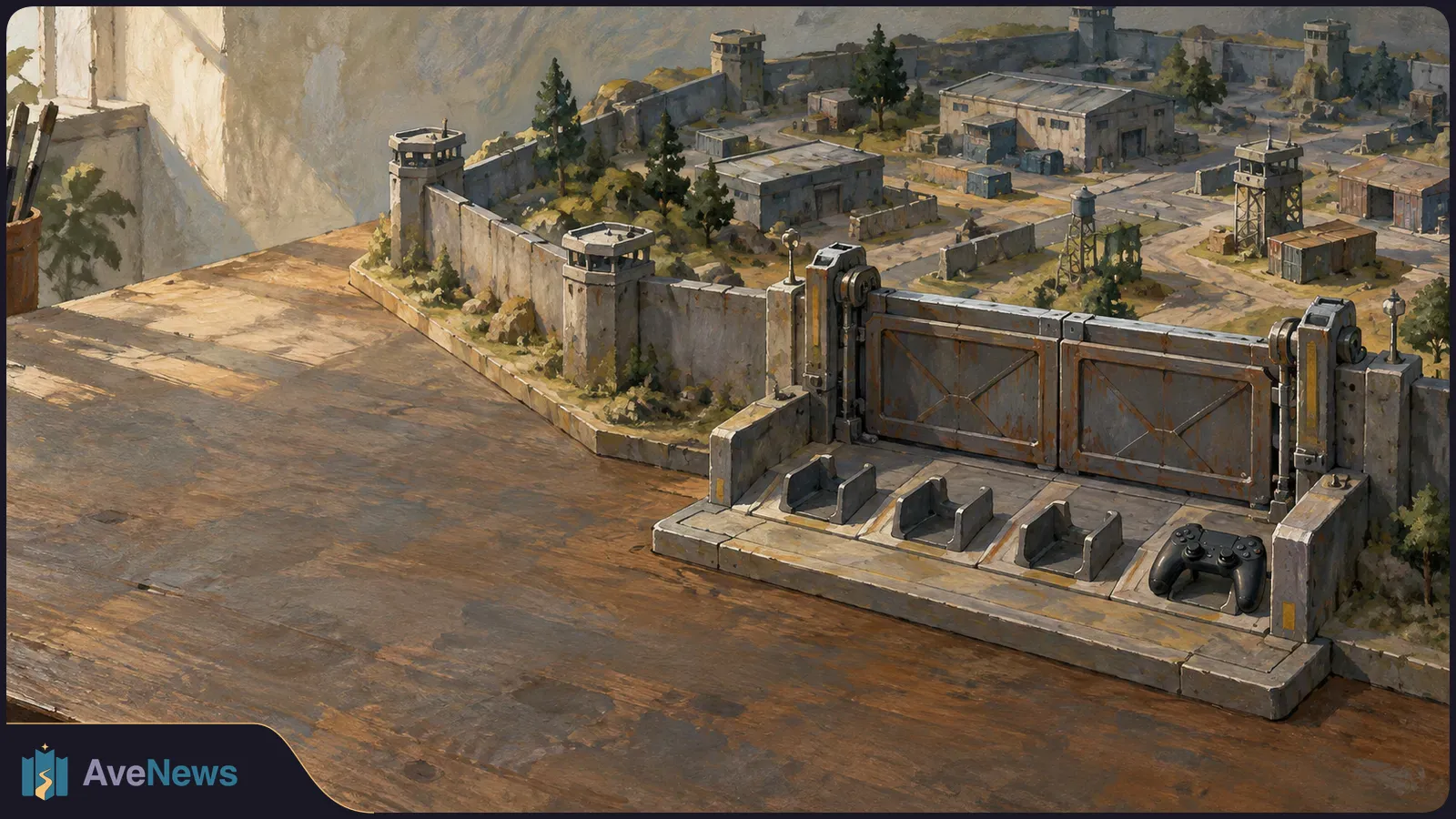 A painted tabletop model of a walled military compound with watchtowers, buildings and a closed gate. A black game controller rests in front of the gate. SI illustration