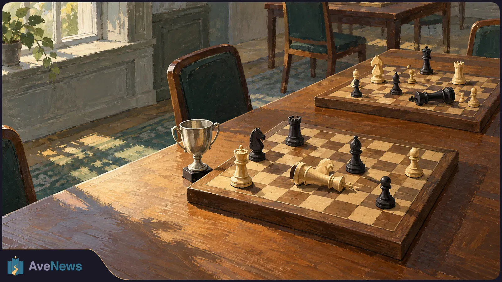Painted scene of two chessboards on wooden tables in a sunlit room. A white king lies on its side on the nearer board, beside a silver trophy. SI illustration