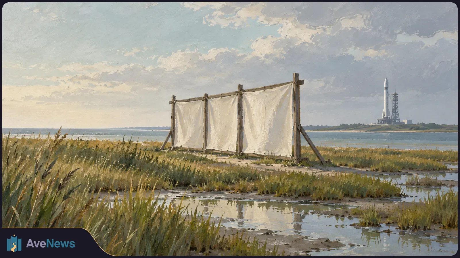 Painted coastal marsh with a white fabric screen on a wooden frame in the foreground and a rocket beside a launch tower across the water. SI illustration