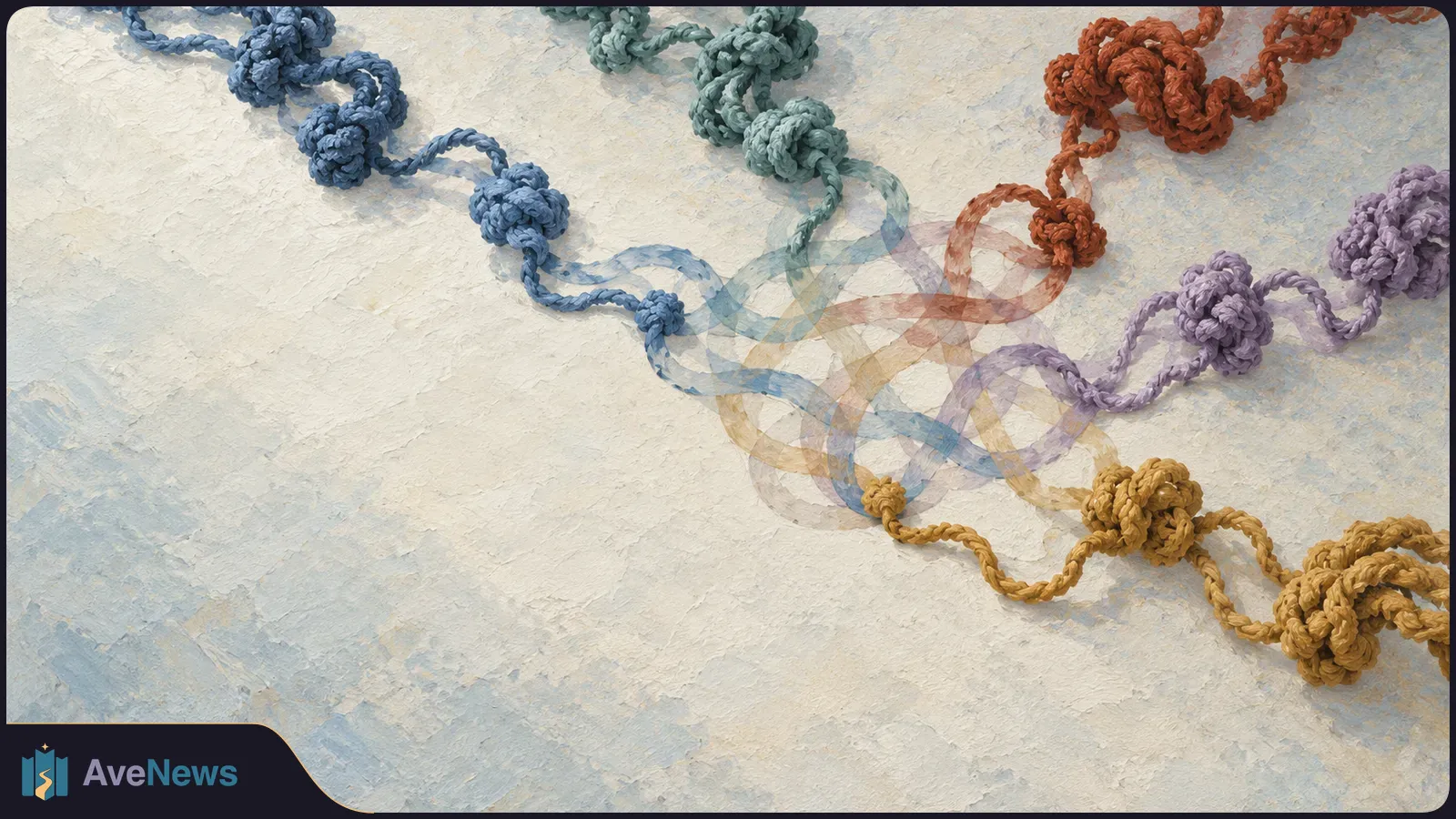 Five colored, knotted cords extend toward overlapping translucent ribbons on a pale textured background. SI illustration