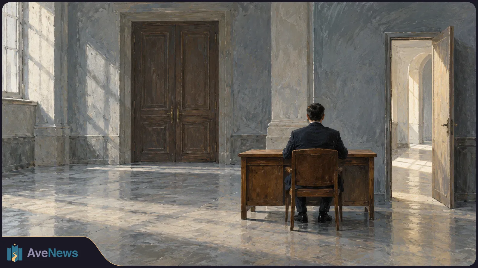 Painterly illustration of a person in a dark suit seated at a wooden desk in a sunlit stone hall, facing closed double doors; another door stands open to the right. SI illustration