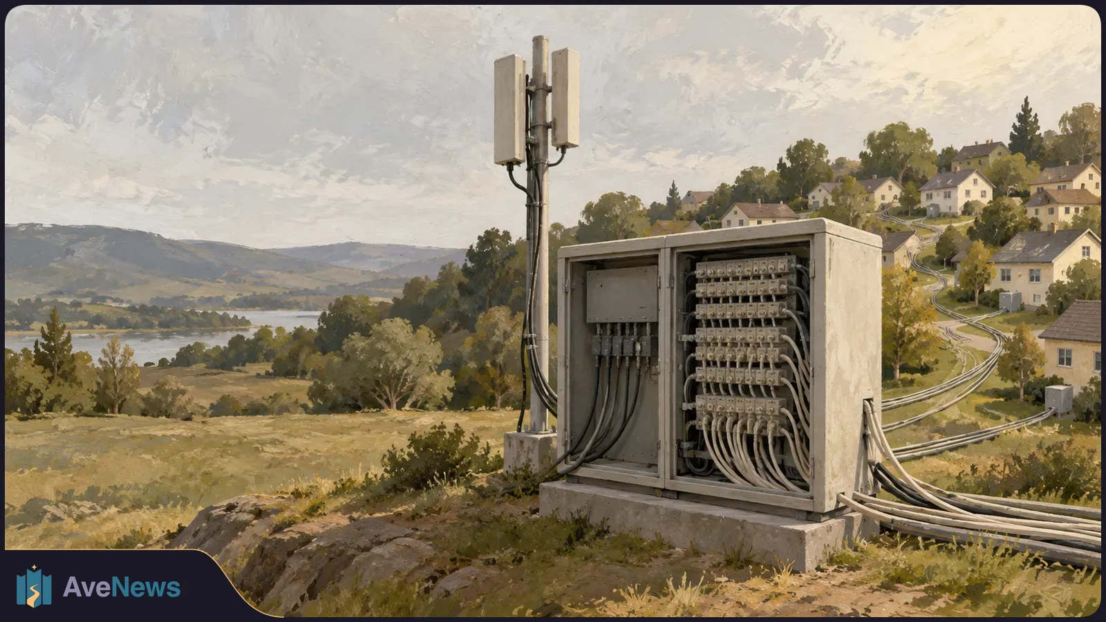 Painted landscape with an open telecommunications cabinet full of cables beside an antenna mast. Cables run toward hillside houses, with a lake and mountains beyond. SI illustration