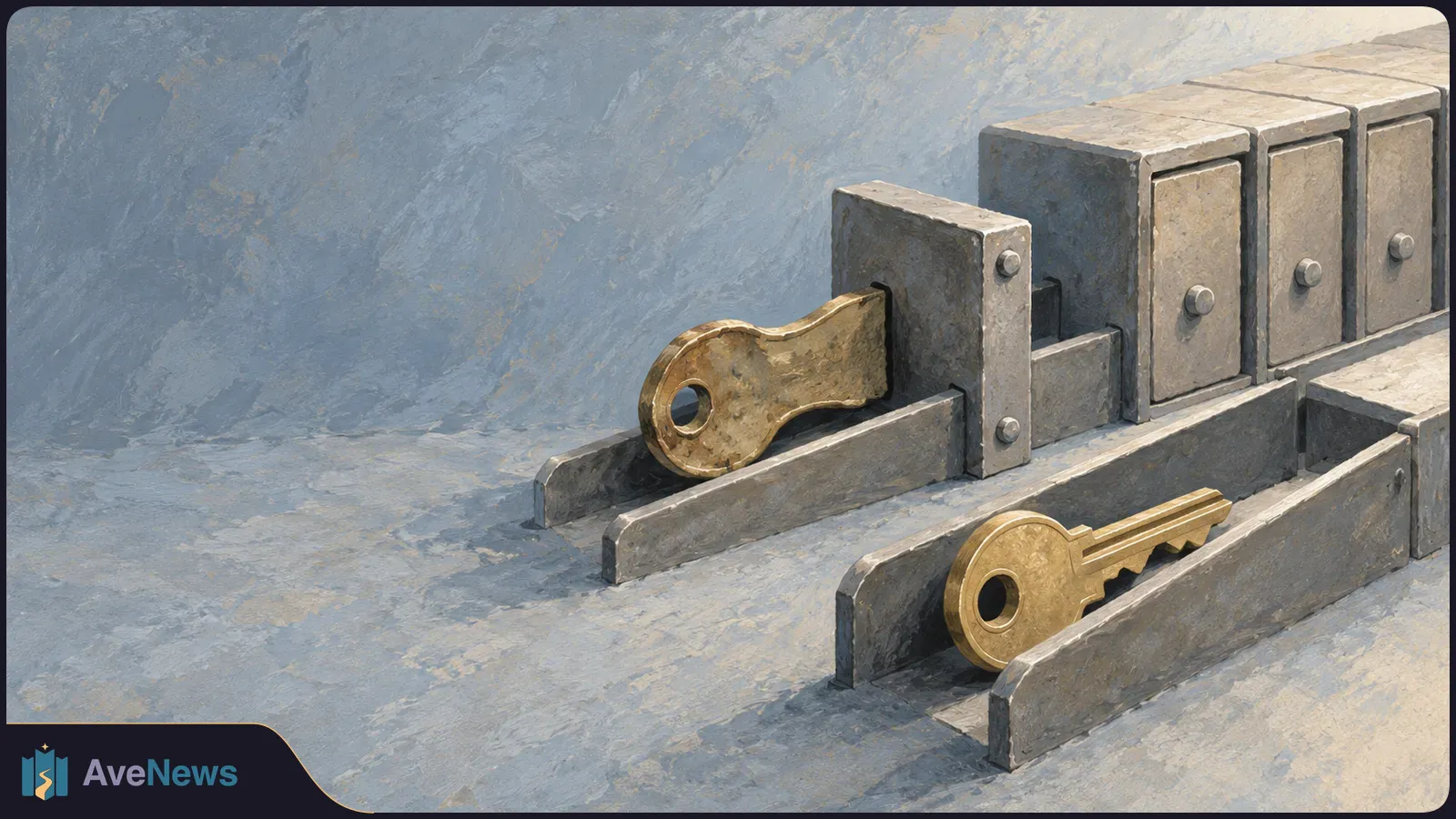 Painterly illustration of two brass keys in separate gray metal channels, one partly inserted into a slot beside a row of metal boxes. SI illustration