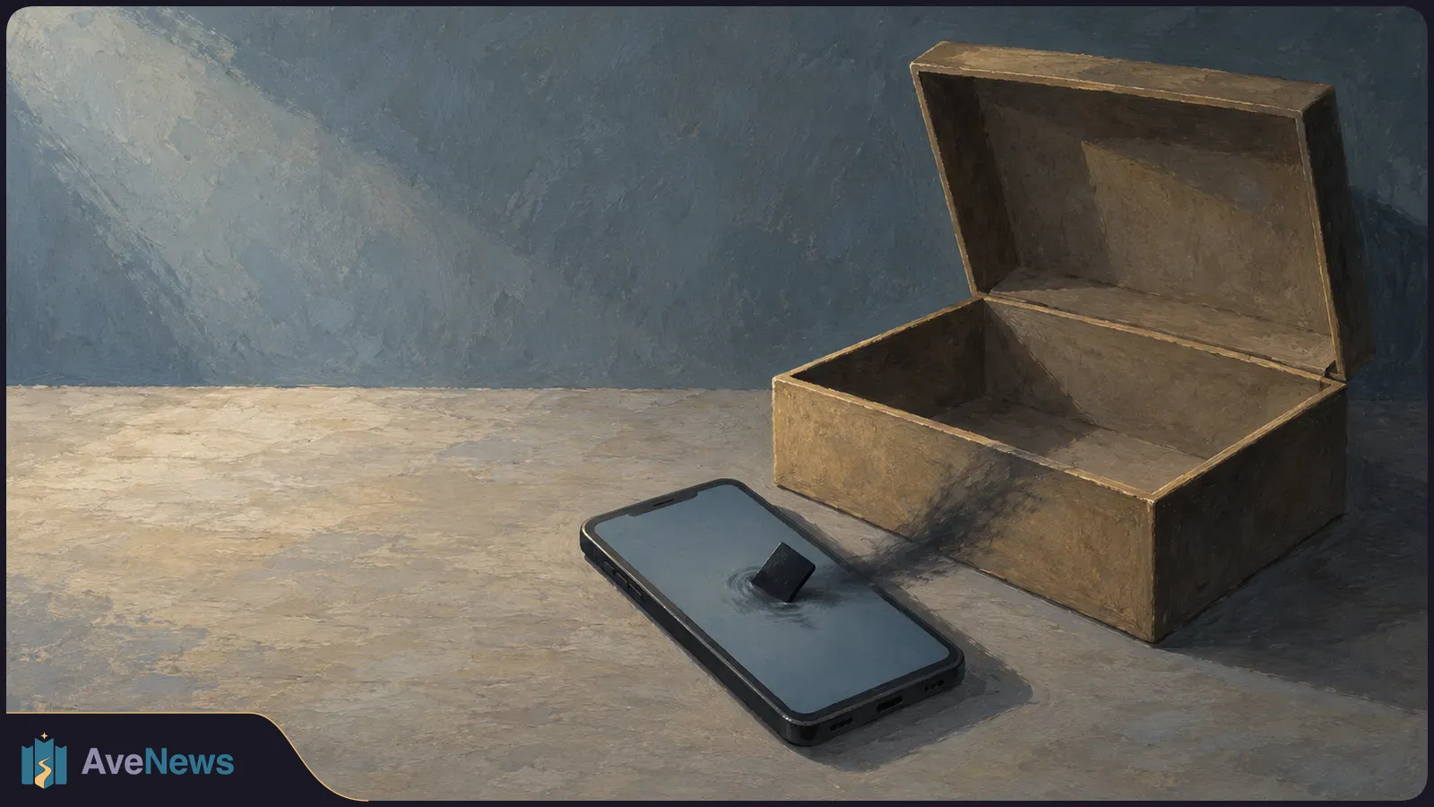 Painterly illustration of a smartphone on a tabletop beside an open, empty brown box; a small dark shape rises from the phone screen, with a smoky streak toward the box. SI illustration