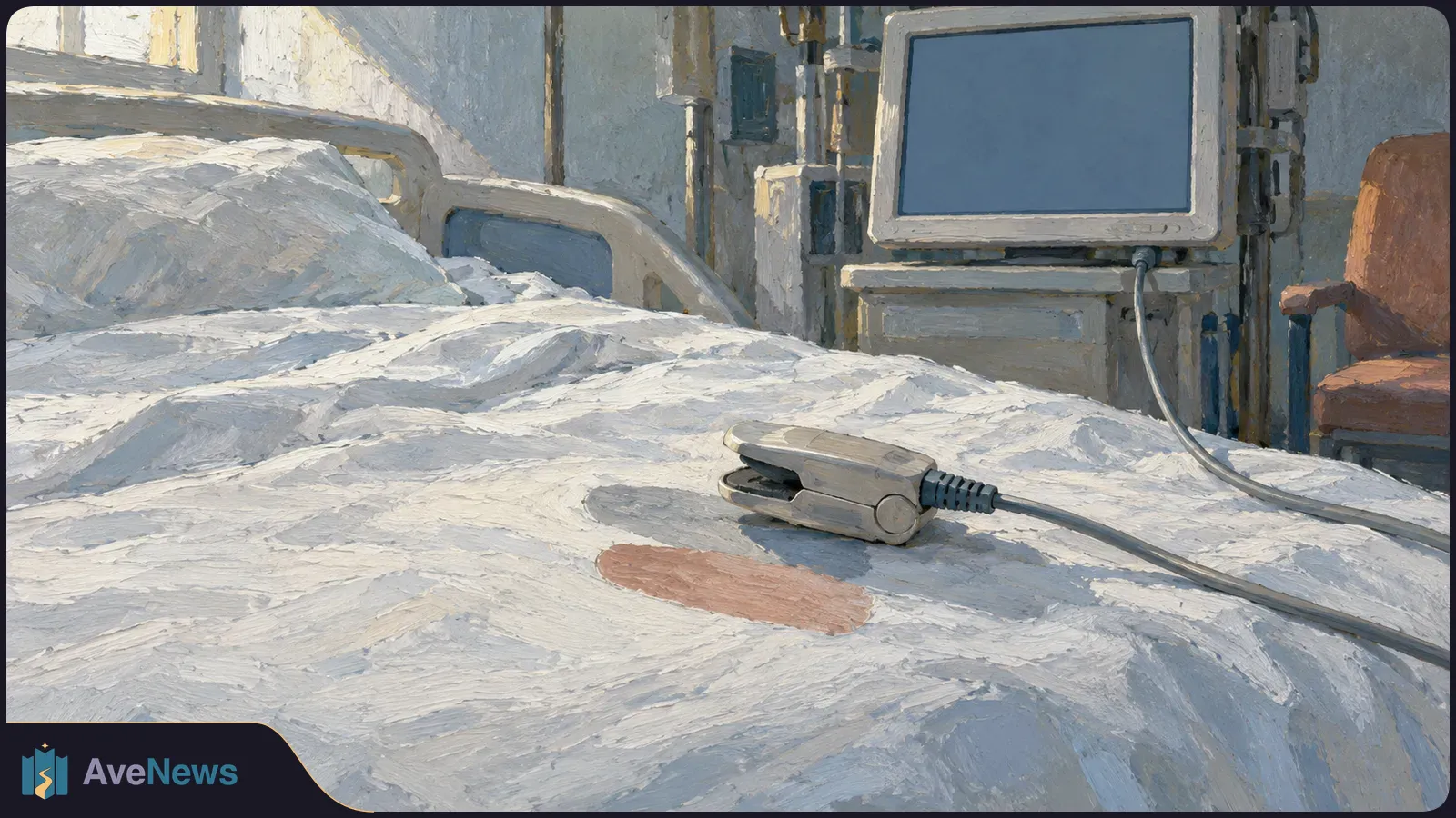 Painted hospital bed with a wired pulse-oximeter clip on rumpled white sheets. A blank bedside monitor and chair are behind it. SI illustration