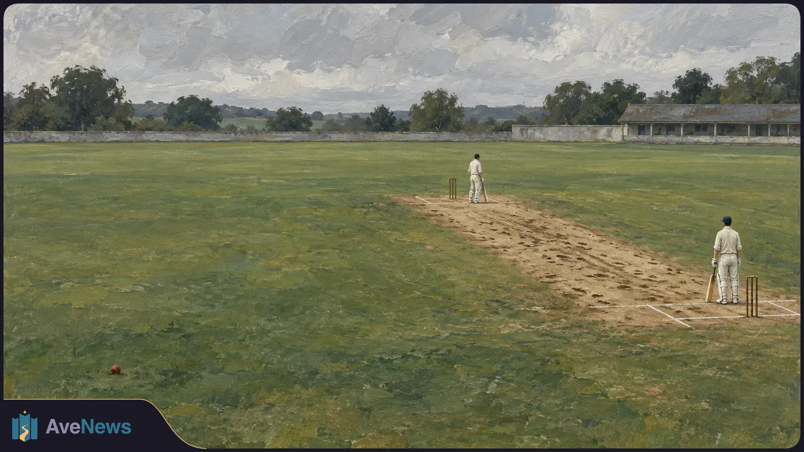 Painted view of a cricket ground under a cloudy sky, with two white-clad batters at opposite ends of the pitch and a red ball in the grass. SI illustration