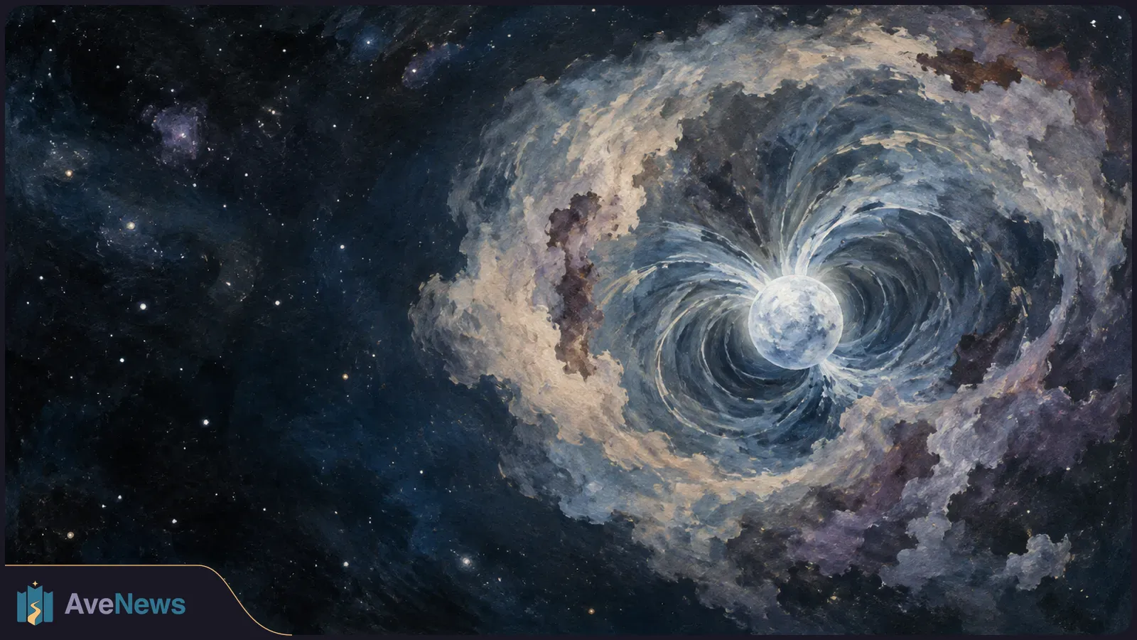 Painted star field with a bright pale sphere at the center of sweeping blue-white swirls and clouds. SI illustration