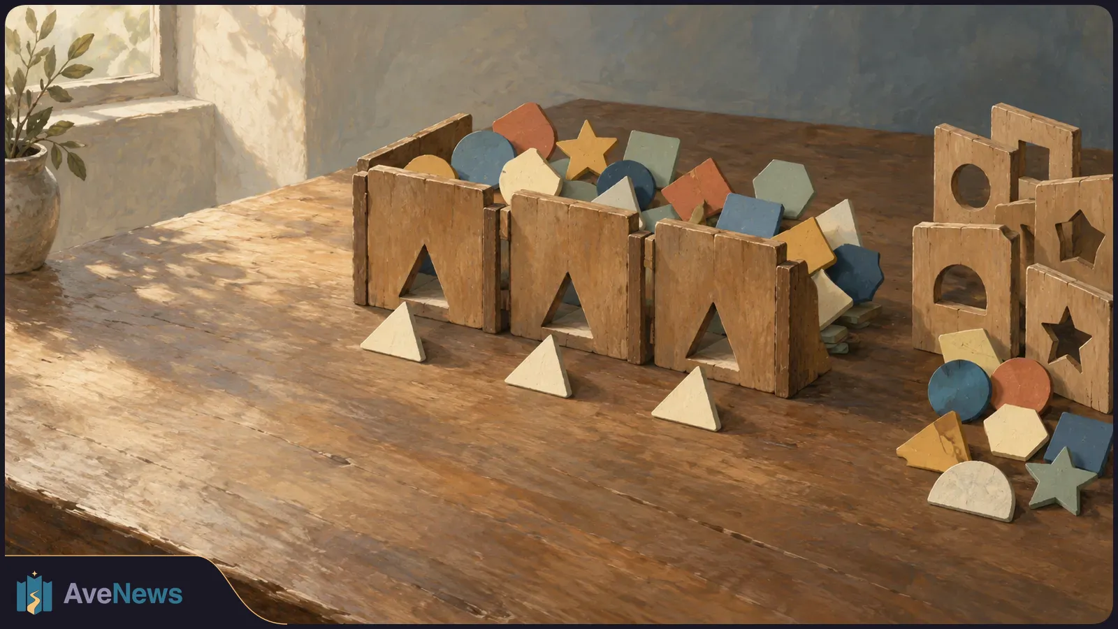 Three wooden blocks with triangular openings stand beside scattered colored shapes. Blocks with different openings sit to the right on a sunlit wooden table. SI illustration