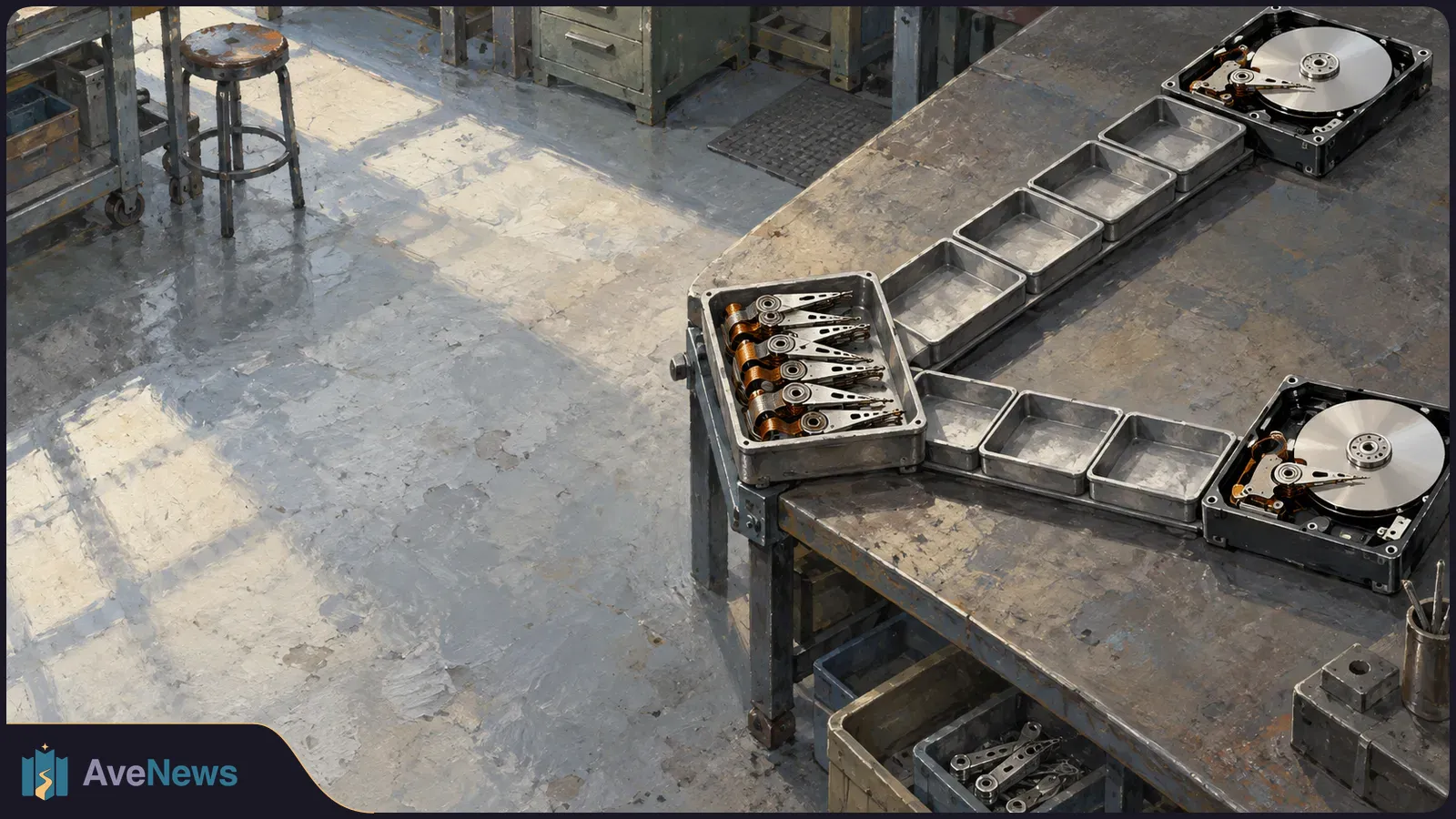 Illustrated workbench with two open hard drives, a bin of drive-head assemblies and a row of empty metal trays. SI illustration