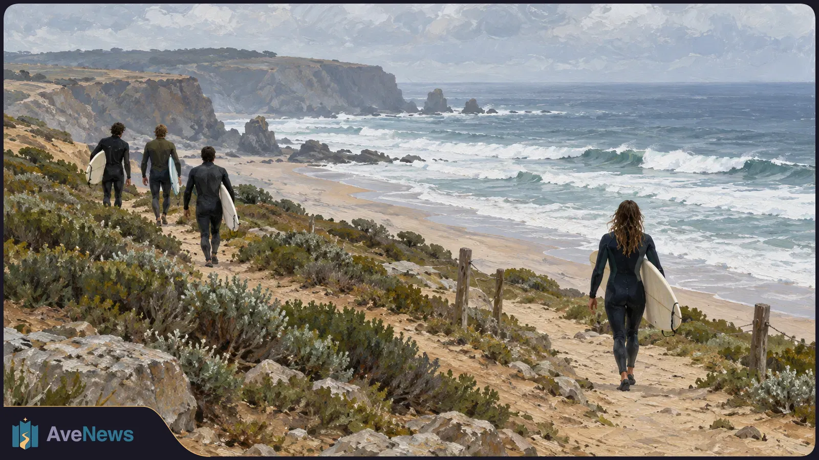 Painterly scene of four surfers in wetsuits carrying boards along a sandy coastal path above a rocky beach and breaking waves. SI illustration