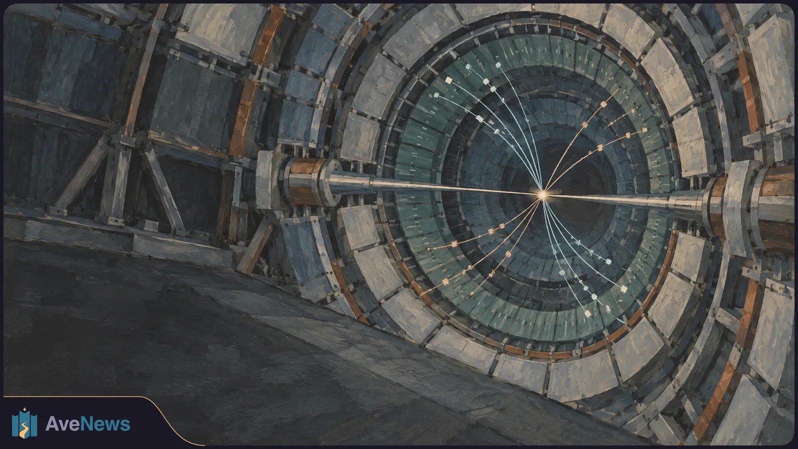 Painted view inside a circular particle detector, with a bright central point and fine lines fanning across blue-gray concentric rings. SI illustration