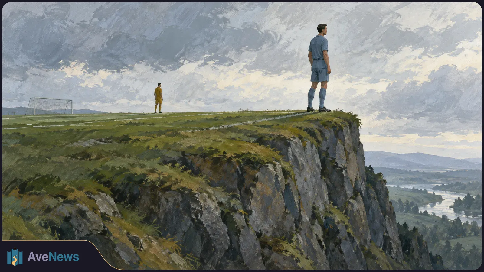 Painterly scene of two football players on a grassy pitch atop a steep cliff, with a goal at left and a cloudy sky above a distant valley. SI illustration