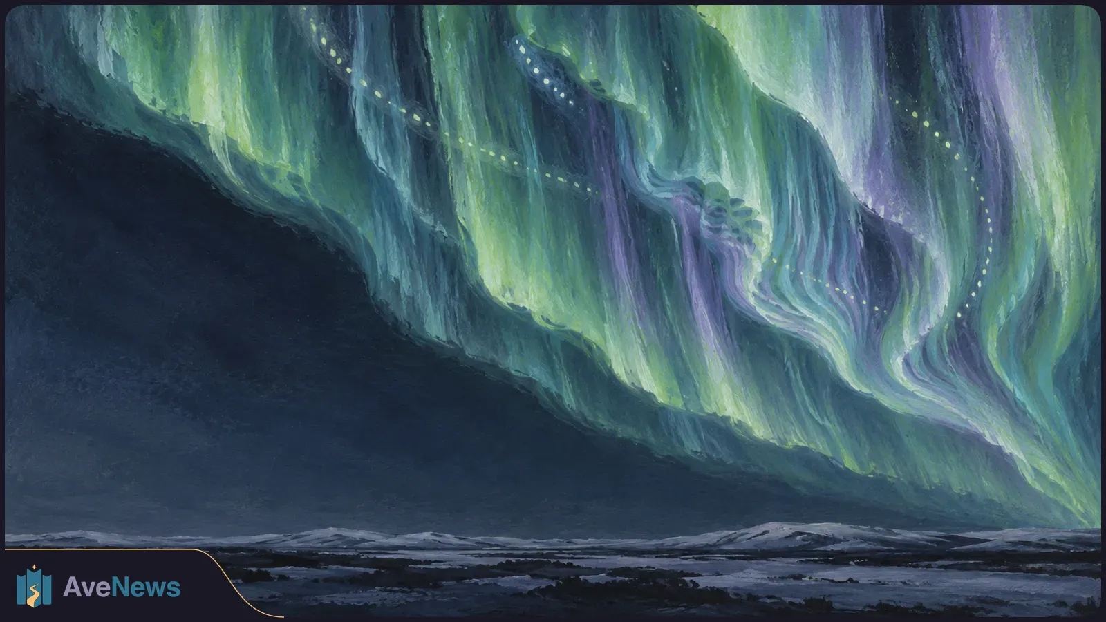 Painted green, blue and violet aurora curtains ripple above a dark, snow-covered landscape, with small glowing dots scattered through the sky. SI illustration