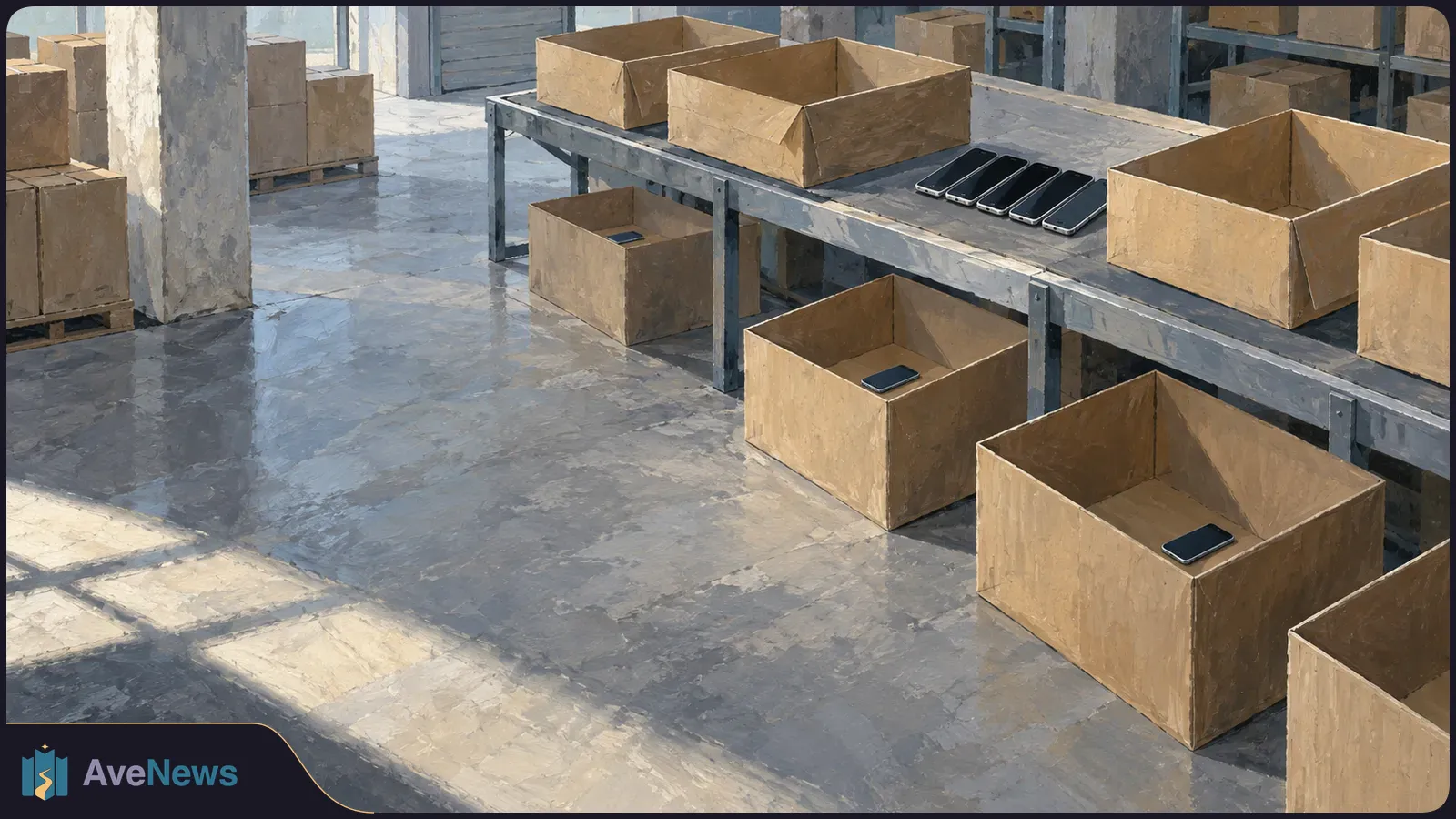 Painted warehouse scene with open cardboard boxes and a row of black smartphones on a packing table; a few phones sit inside boxes on the floor. SI illustration
