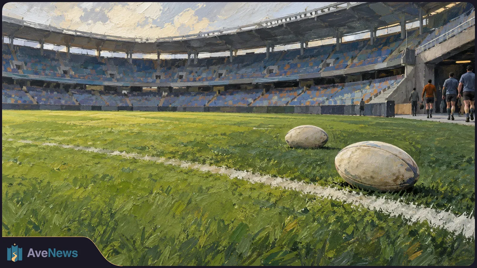 Painted view of an empty rugby stadium, with two rugby balls beside a white line on the grass and several small figures walking away at the right. SI illustration