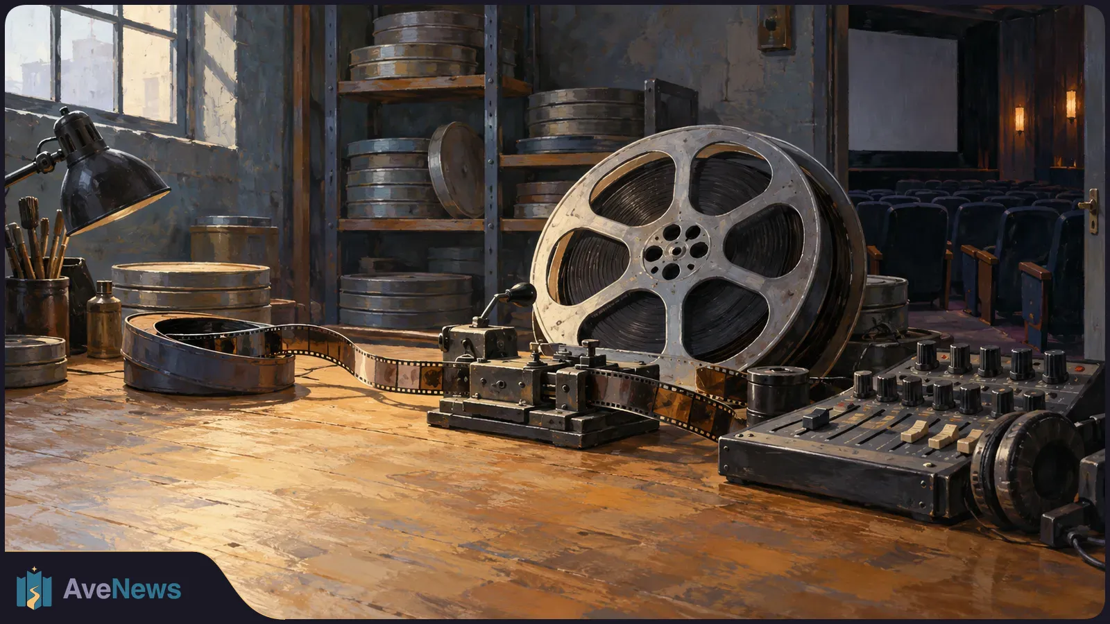 A large film reel and loose filmstrip on a wooden editing table, with smaller reels on shelves and cinema seats visible through an open doorway. SI illustration