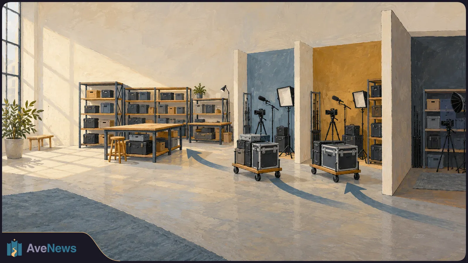 Painted view of a spacious room with camera gear, lights, microphones and equipment cases arranged across shelving and partitioned bays. Arrows run across the floor. SI illustration
