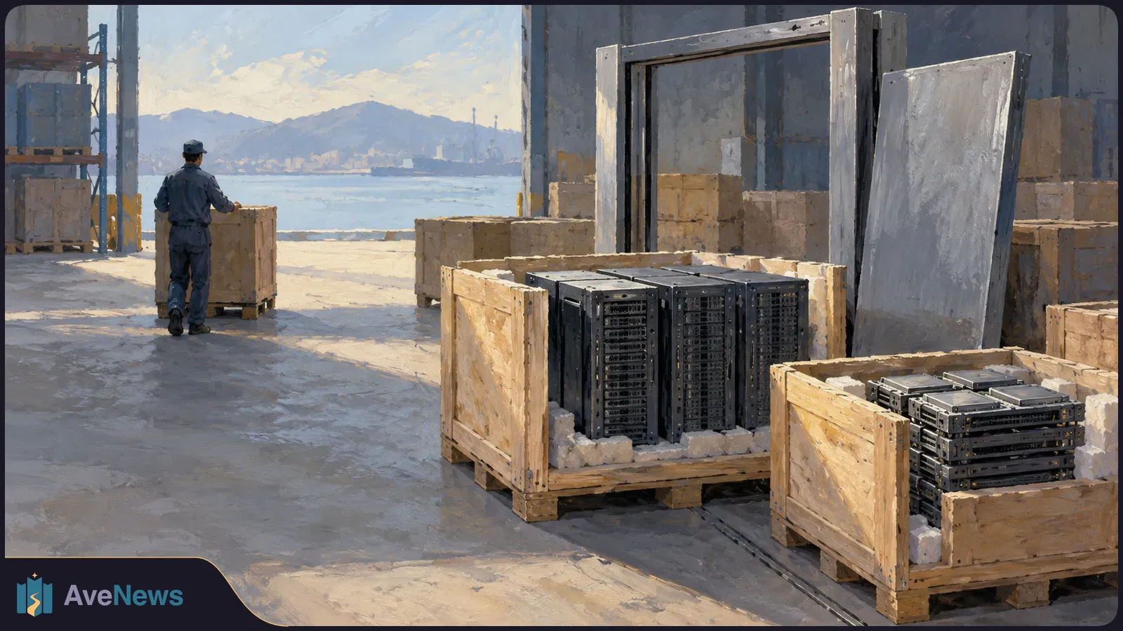 Painted warehouse scene by the water, with server racks packed in wooden crates and a worker pushing a crate toward the open dock. SI illustration