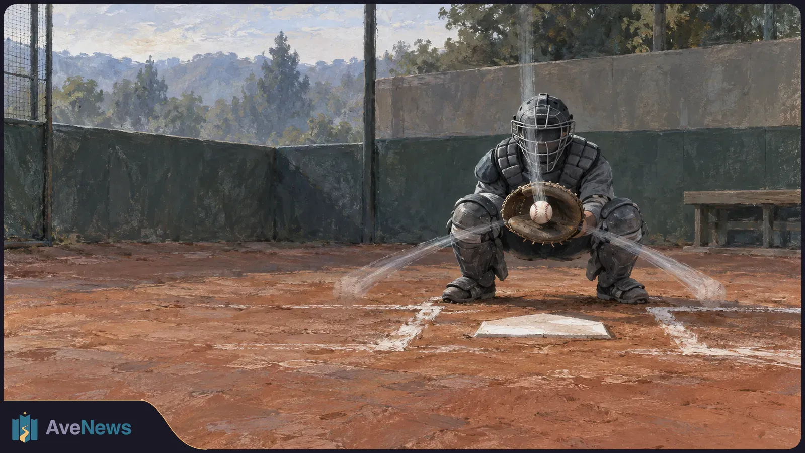 Painted baseball scene with a catcher crouched behind home plate, an open mitt beneath a ball, and pale ball trails converging from three directions. SI illustration