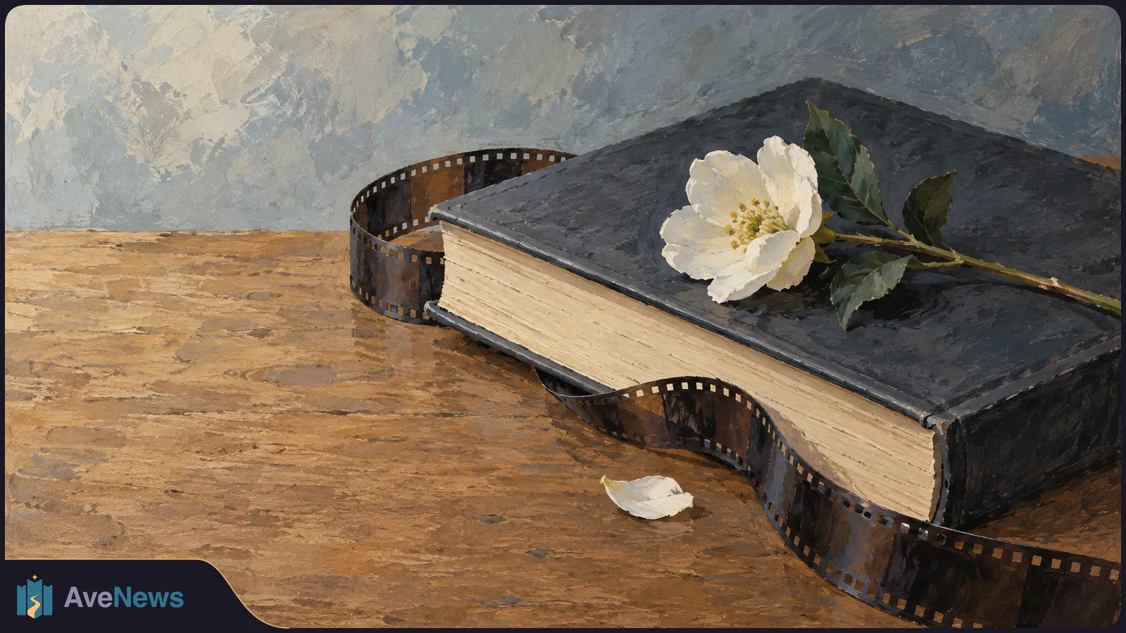 Painted still life of a white flower on a thick dark book, with a curled filmstrip and a fallen petal on a wooden table. SI illustration