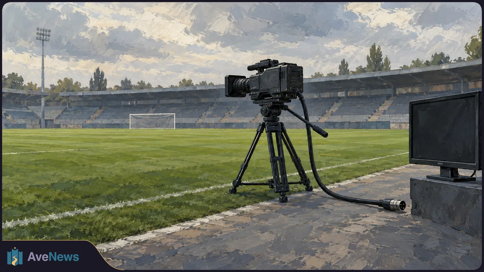 Painted football stadium with a broadcast camera on a tripod beside the pitch. Its loose cable ends near a blank monitor. SI illustration