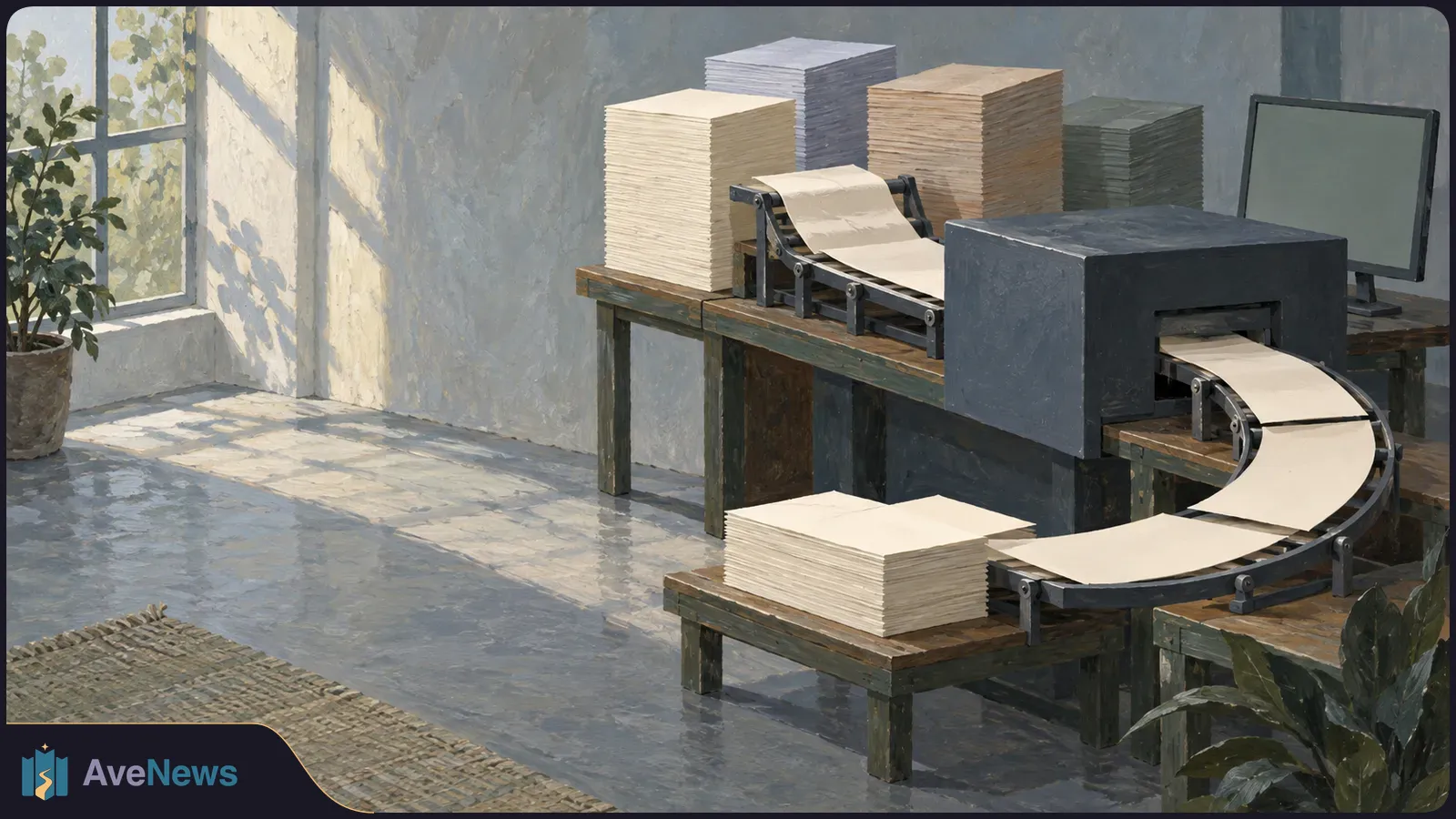 Painted scene of blank paper stacks beside a machine carrying sheets through a dark box, with a blank monitor and sunlit window behind. SI illustration