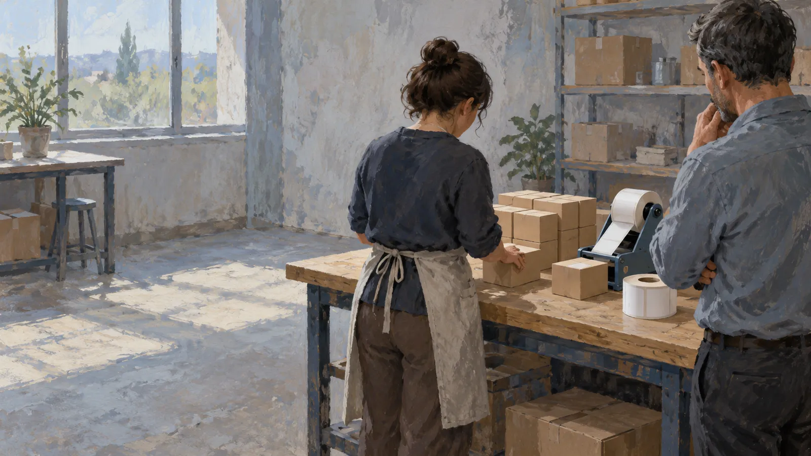 A painted scene of a woman handling small boxes at a worktable while a man watches, beside a label dispenser and rolls in a sunlit room. SI illustration