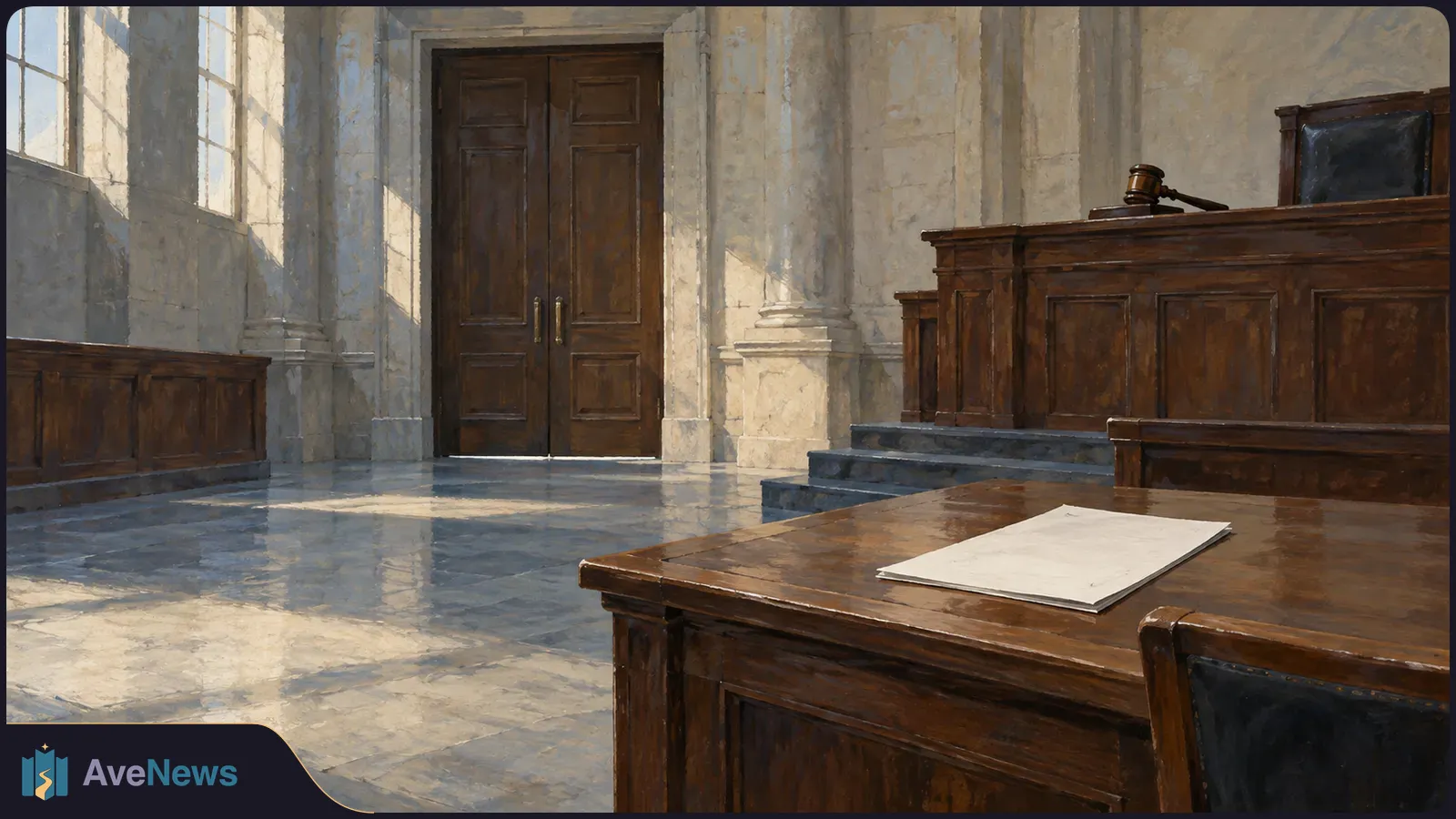 Painted, empty courtroom with tall windows, wooden double doors, a judge’s bench and gavel, and a blank sheet on a foreground desk. SI illustration