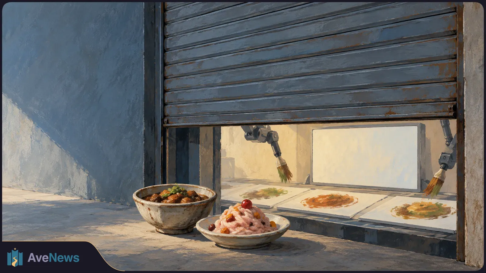 Painted scene of two bowls of food outside a partly lowered shutter; behind it, robotic arms paint food images on sheets beside a blank screen. SI illustration