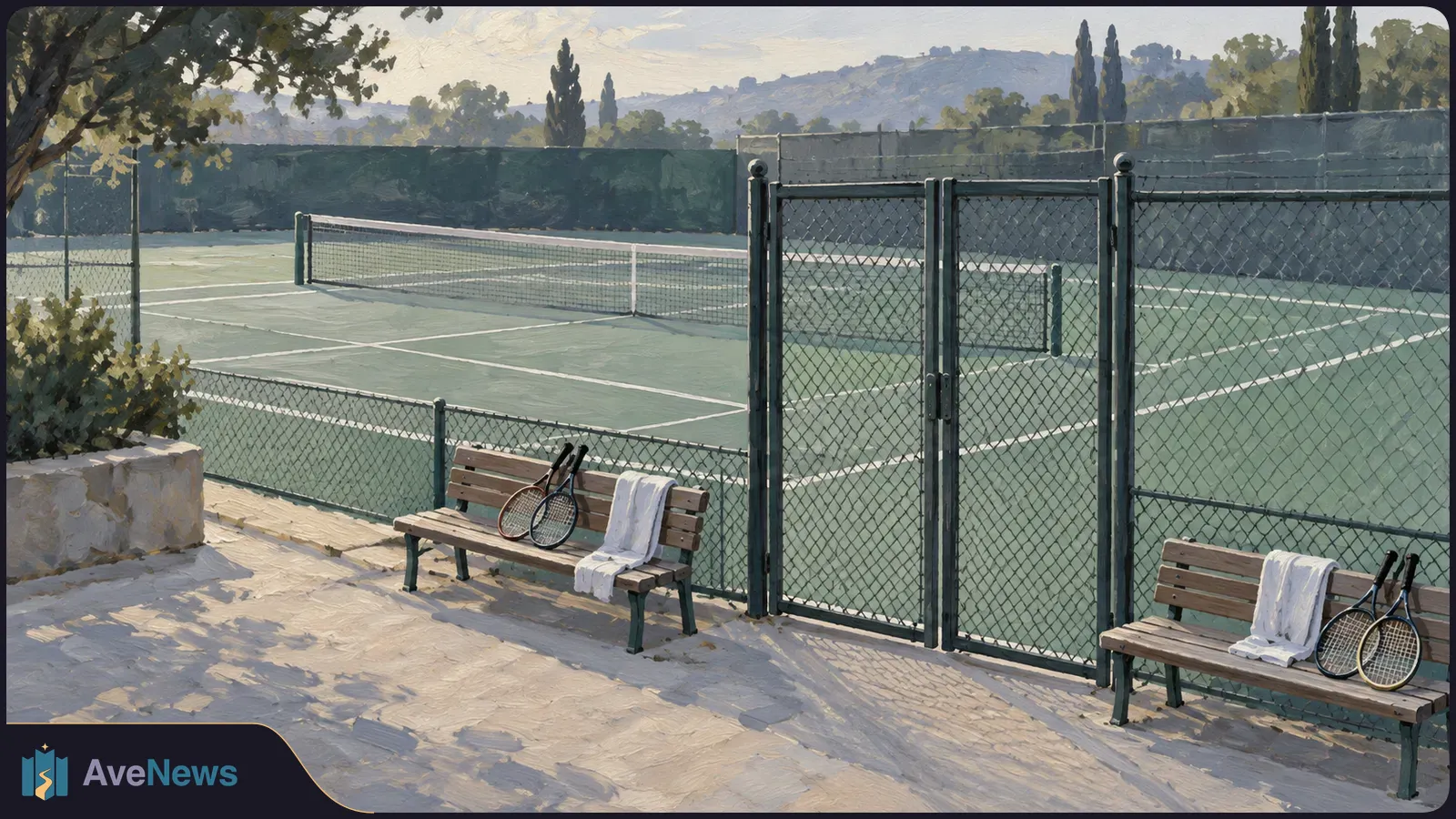 Painterly view of an empty tennis court behind a chain-link gate, with rackets and white towels on two benches in the foreground. SI illustration