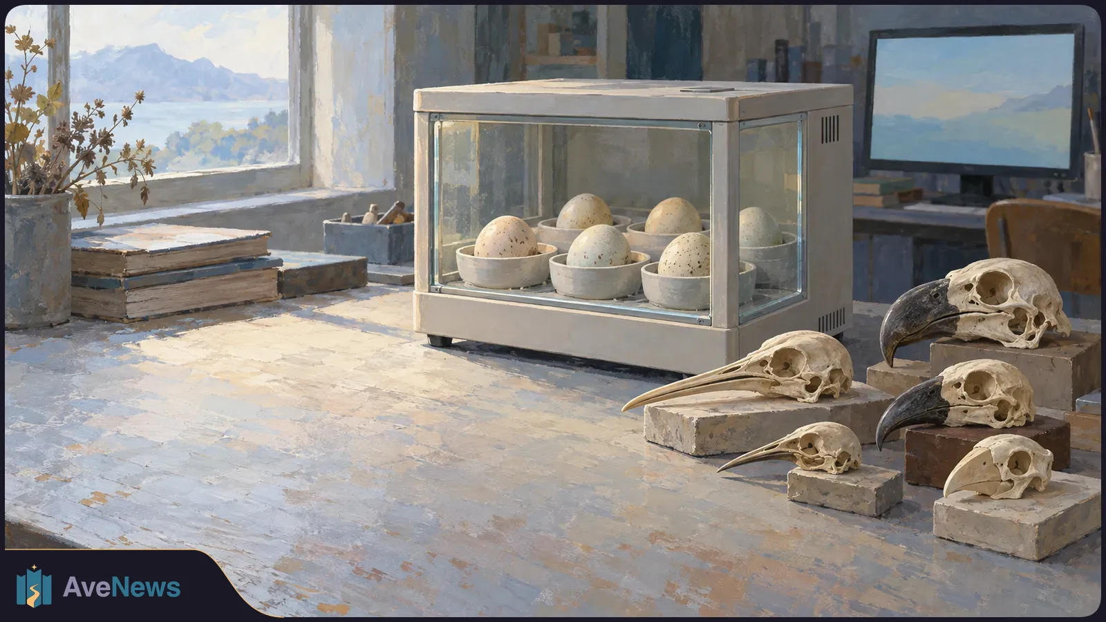 Painted scene of speckled eggs in a glass-fronted chamber, with bird skulls of different beak shapes arranged on a table by a window. SI illustration