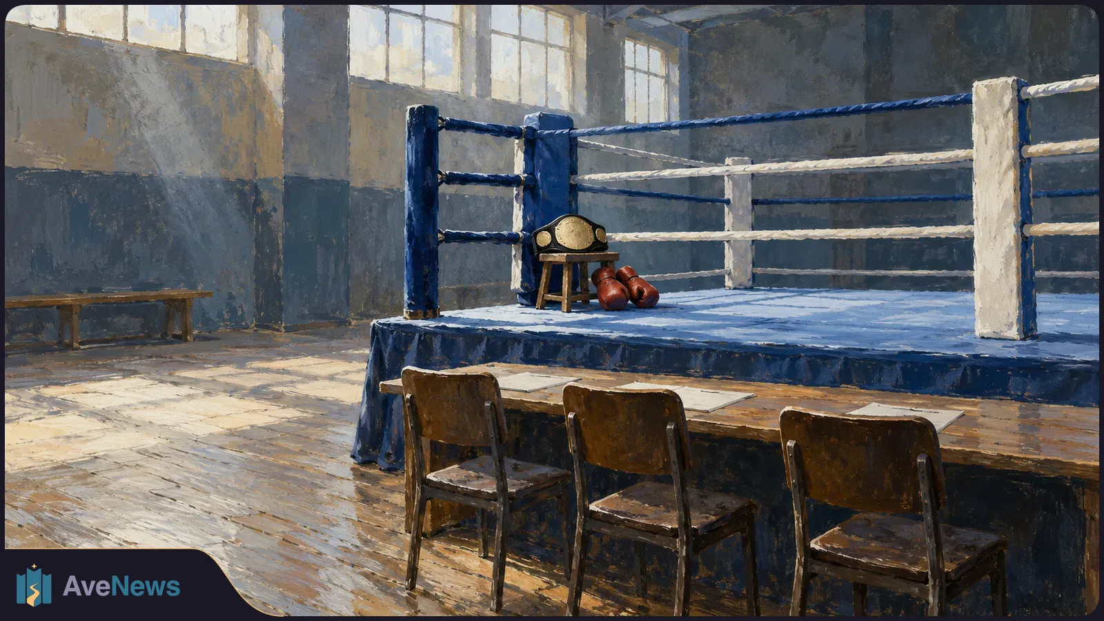 Painterly illustration of an empty boxing ring with a championship belt on a stool, red gloves beside it, and three chairs at a ringside table. SI illustration
