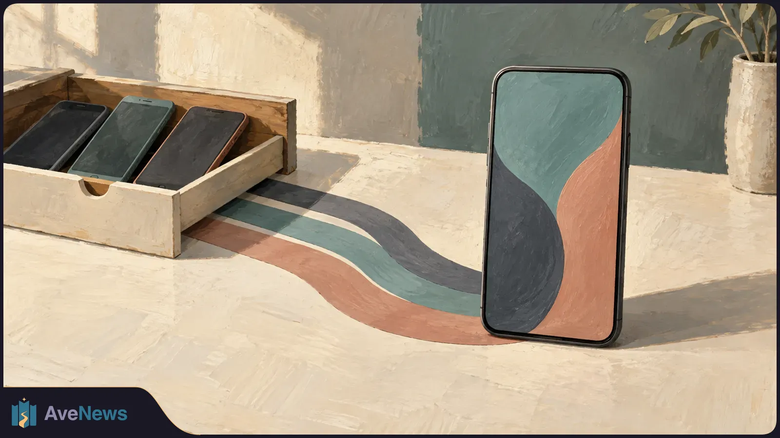 Three dark-screen phones rest in a wooden tray beside an upright phone showing curved teal, charcoal and peach shapes. Matching bands sweep across the tabletop. SI illustration